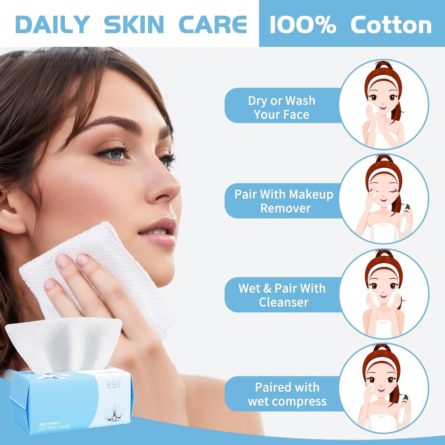 Cotton Facial Dry Wipes - 100 Count, Deep Cleansing Disposable Towels for Skin Care and Makeup Removal (2 Pack)