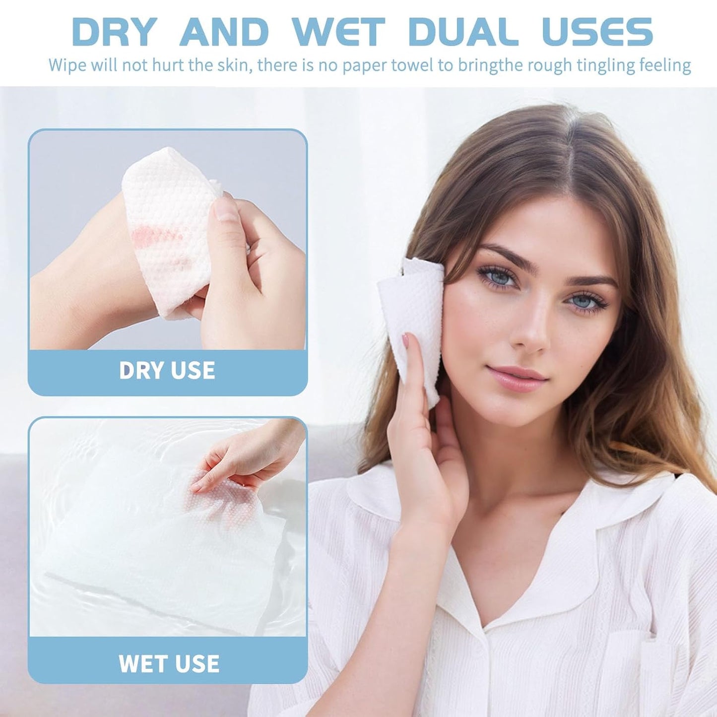 Cotton Facial Dry Wipes - 100 Count, Deep Cleansing Disposable Towels for Skin Care and Makeup Removal (2 Pack)