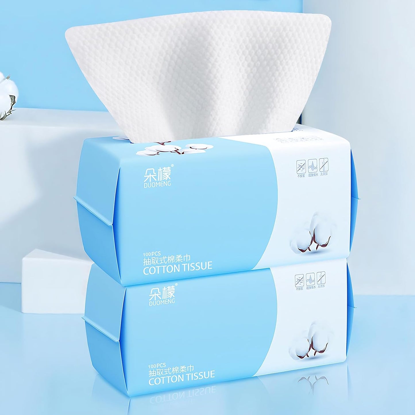 Cotton Facial Dry Wipes - 100 Count, Deep Cleansing Disposable Towels for Skin Care and Makeup Removal (2 Pack)
